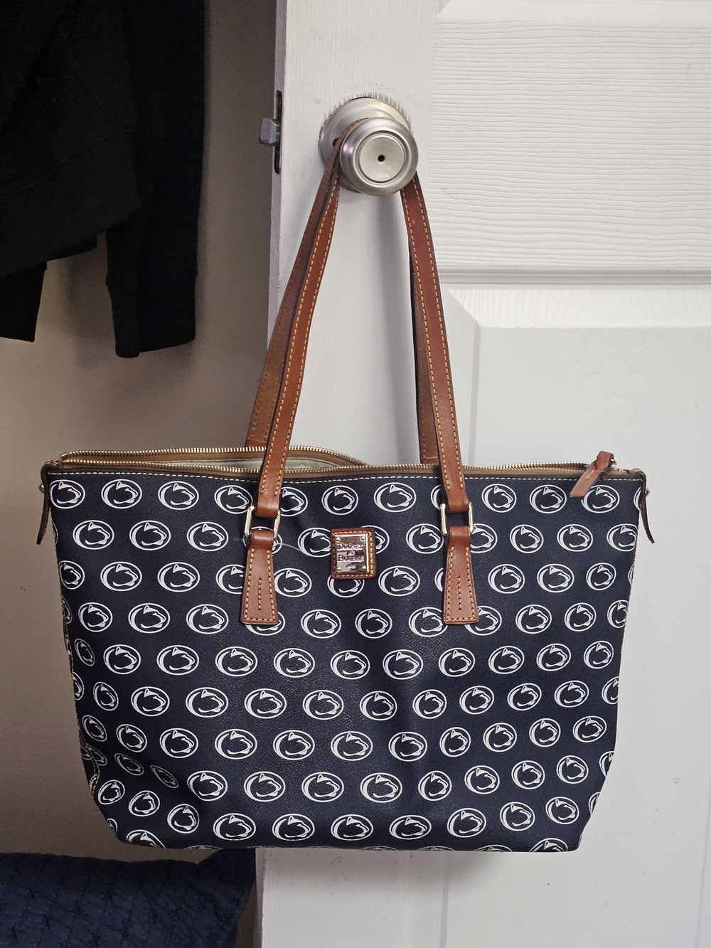 Dooney & Bourke Navy Signature Penn State Tote with Brown Leather Trim